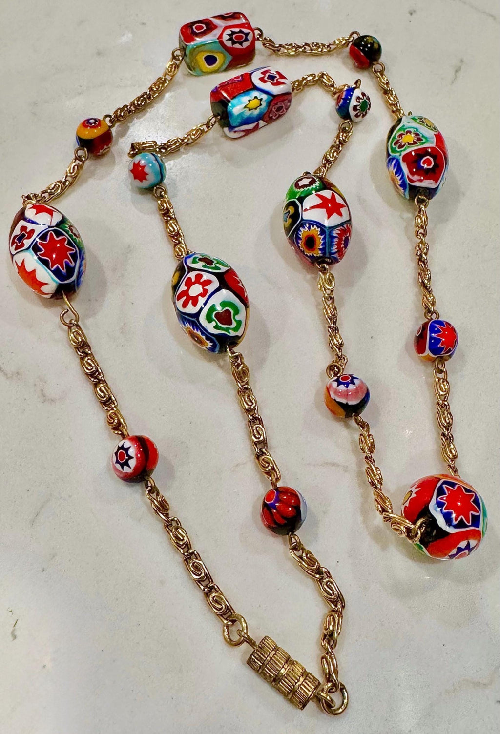 Ercole Moretti 26” Rectangle, Oval and Round Beaded Necklace on a Gold Tone Chain
