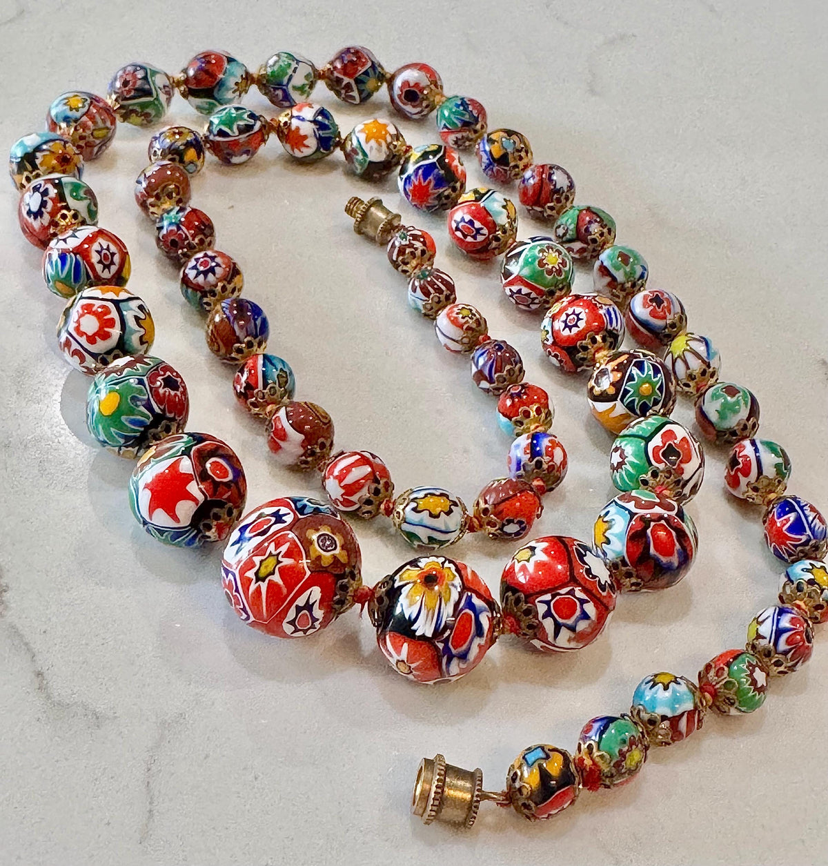 Vintage Ercole Moretti Graduated Round Millefiori Murano Glass Beaded Necklace, 28”