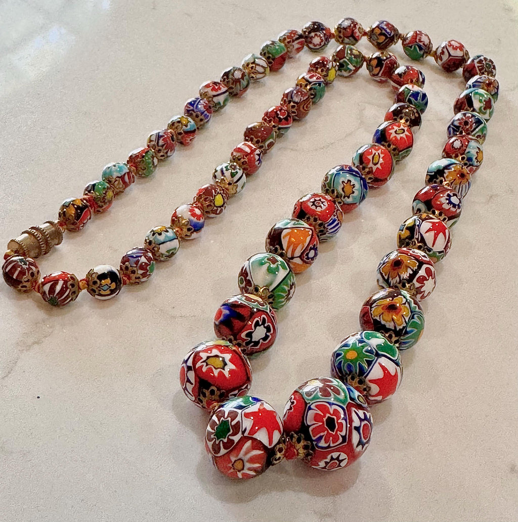 Vintage Ercole Moretti Graduated Round Millefiori Murano Glass Beaded Necklace, 28”