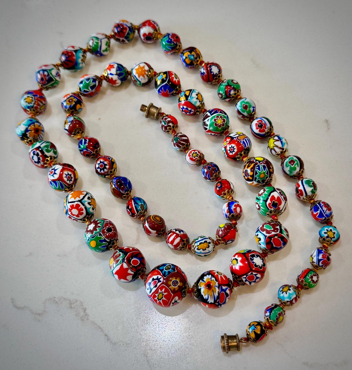 Vintage Ercole Moretti Graduated Round Millefiori Murano Glass Beaded Necklace, 28”