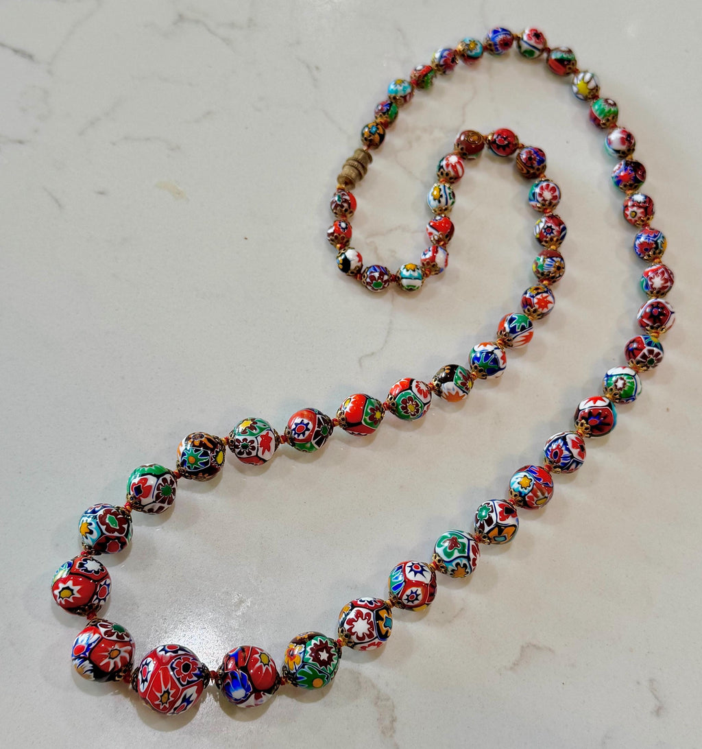 Vintage Ercole Moretti Graduated Round Millefiori Murano Glass Beaded Necklace, 28”