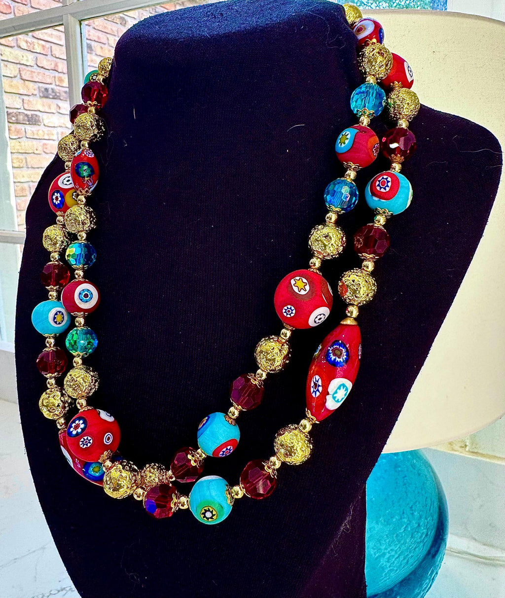 Rosario Leonardi Vintage Beaded Aqua & Red Murano Millefiori Glass Necklace