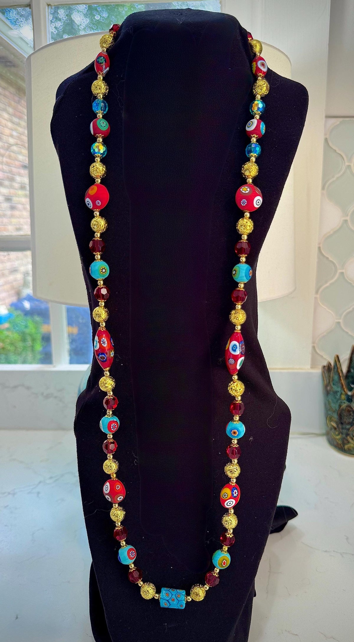 Rosario Leonardi Vintage Beaded Aqua & Red Murano Millefiori Glass Necklace