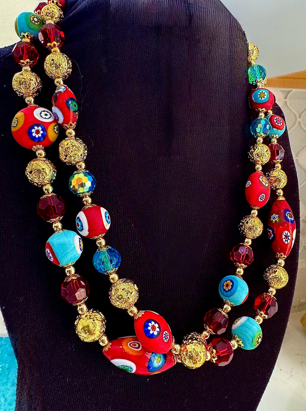 Rosario Leonardi Vintage Beaded Aqua & Red Murano Millefiori Glass Necklace