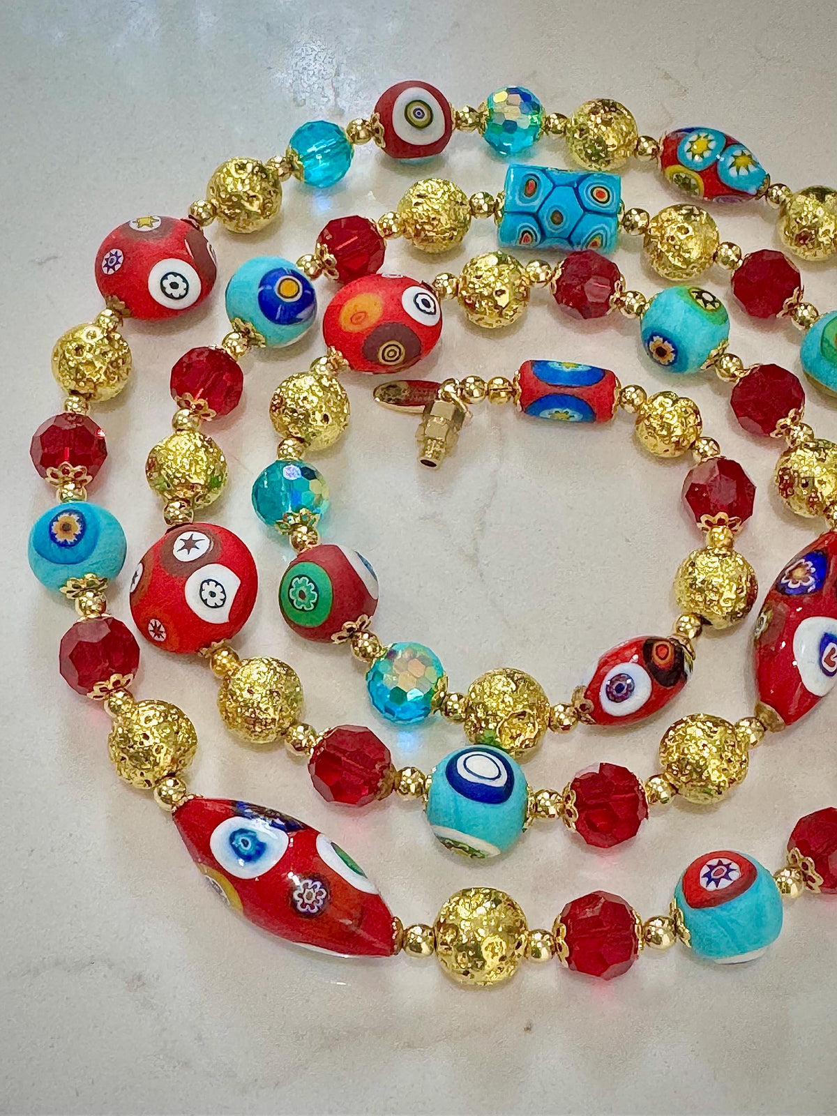 Rosario Leonardi Vintage Beaded Aqua & Red Murano Millefiori Glass Necklace