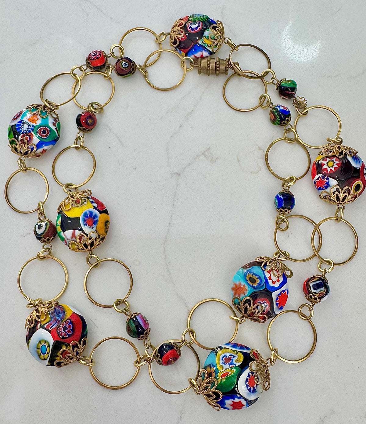 Vintage Murano Millefiori Necklace: 1960's Venetian Glass Coin Beads