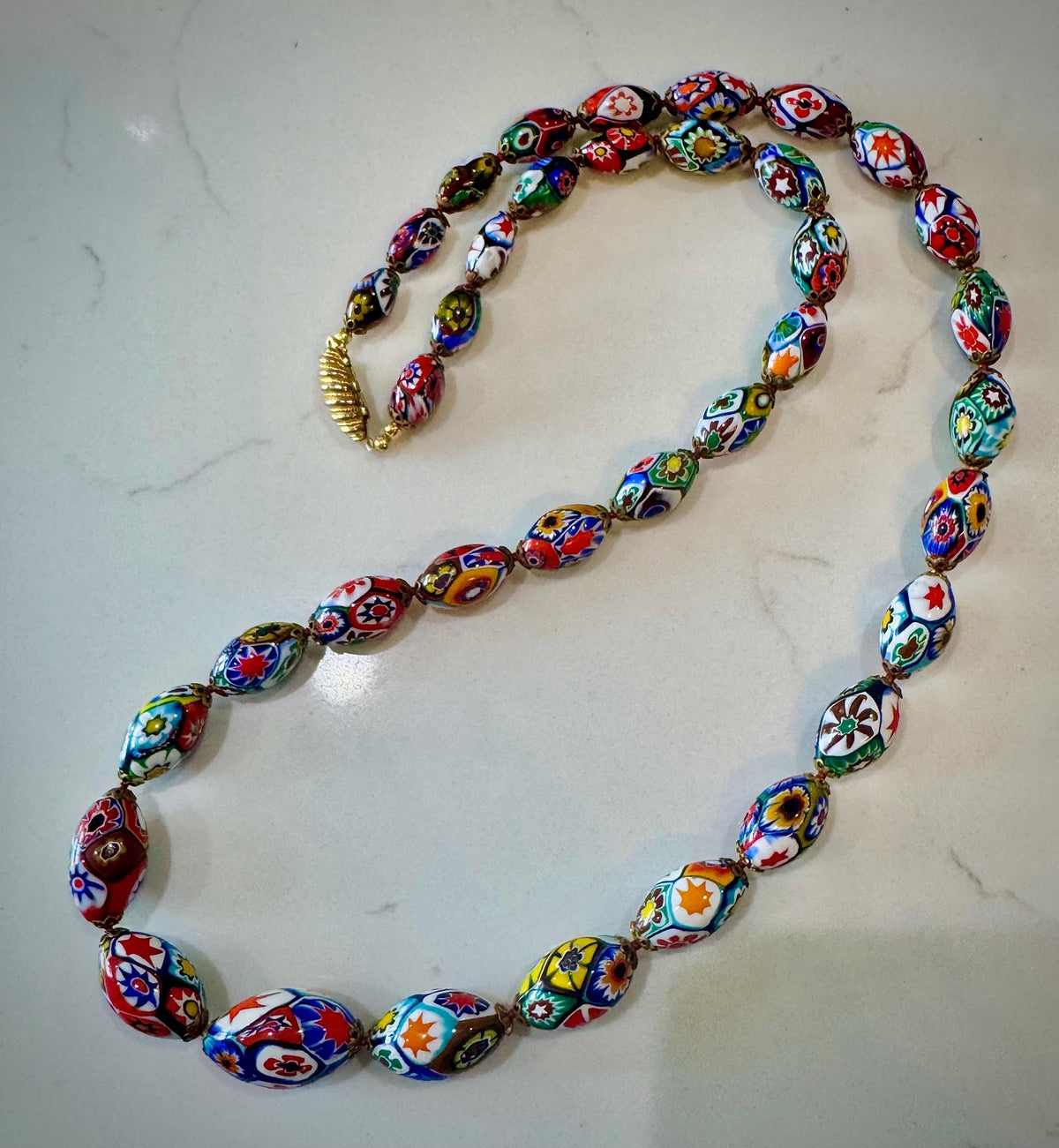 Vintage Millefiori by Ercole MORETTI Murano Graduated Oval Glass Necklace 27”. Rare!