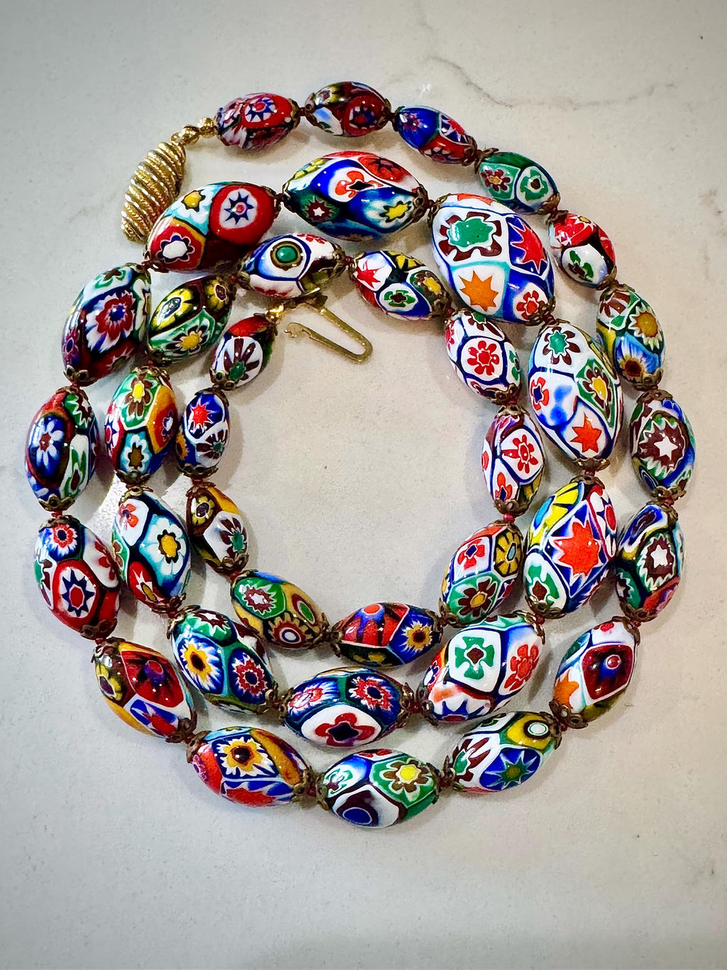 Vintage Millefiori by Ercole MORETTI Murano Graduated Oval Glass Necklace 27”. Rare!