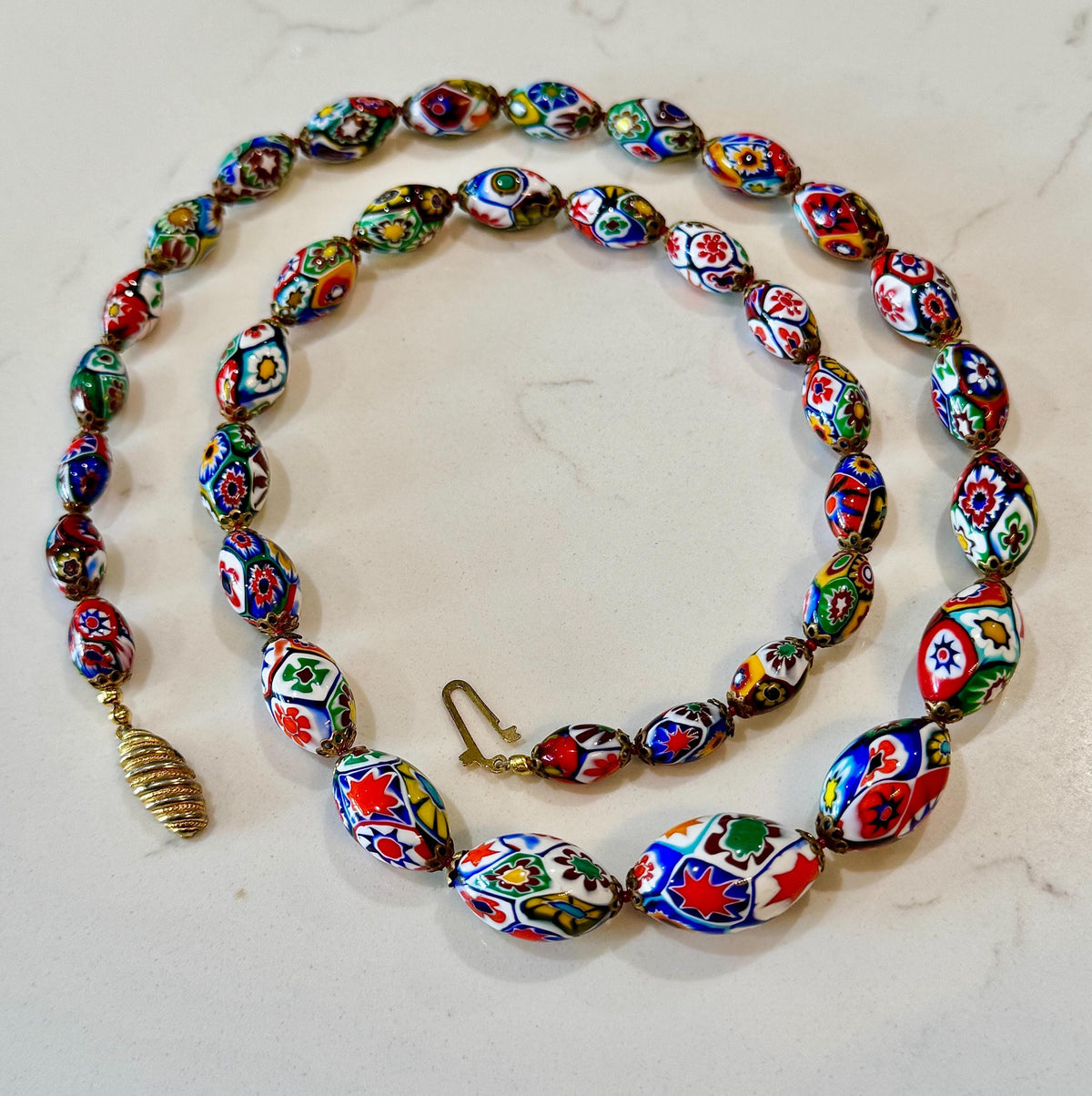 Vintage Millefiori by Ercole MORETTI Murano Graduated Oval Glass Necklace 27”. Rare!