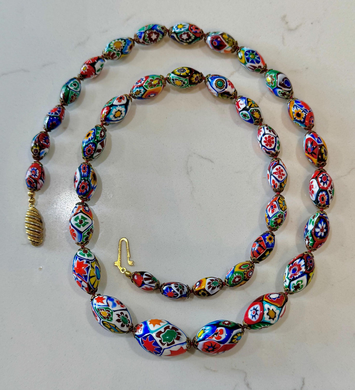 Vintage Millefiori by Ercole MORETTI Murano Graduated Oval Glass Necklace 27”. Rare!