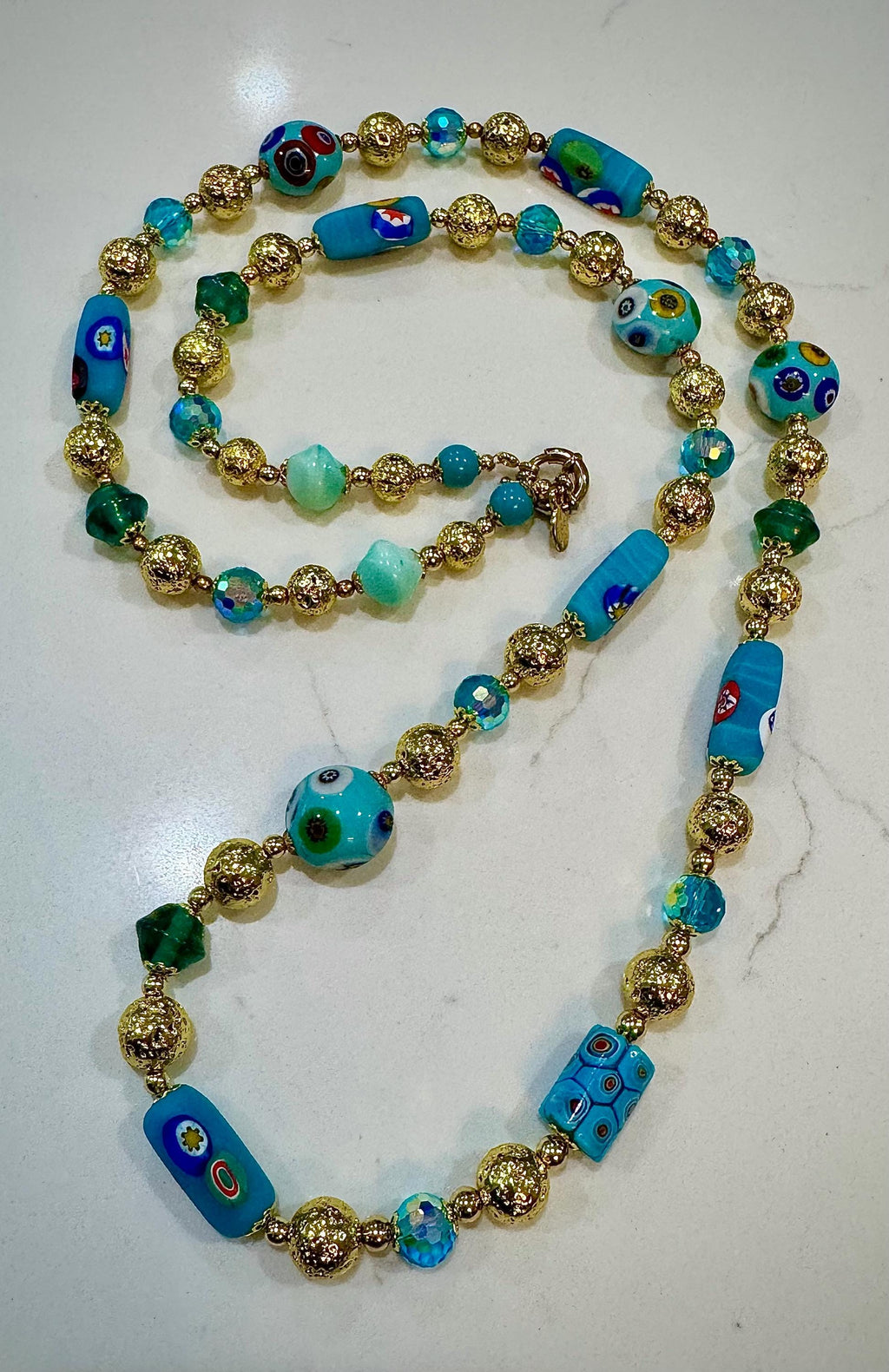Vintage Rosario Leonardi Aqua Murano Millefiori Beaded Glass Necklace