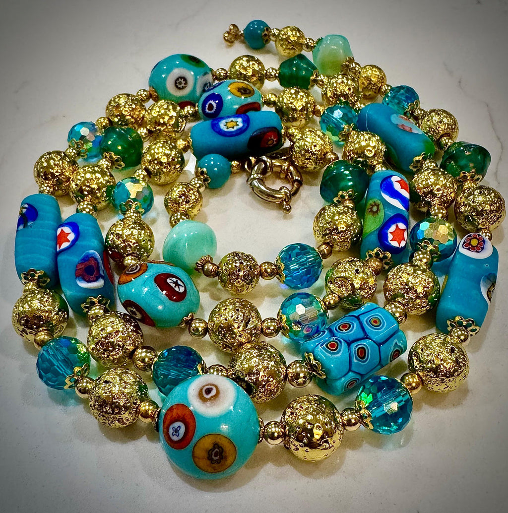 Vintage Rosario Leonardi Aqua Murano Millefiori Beaded Glass Necklace