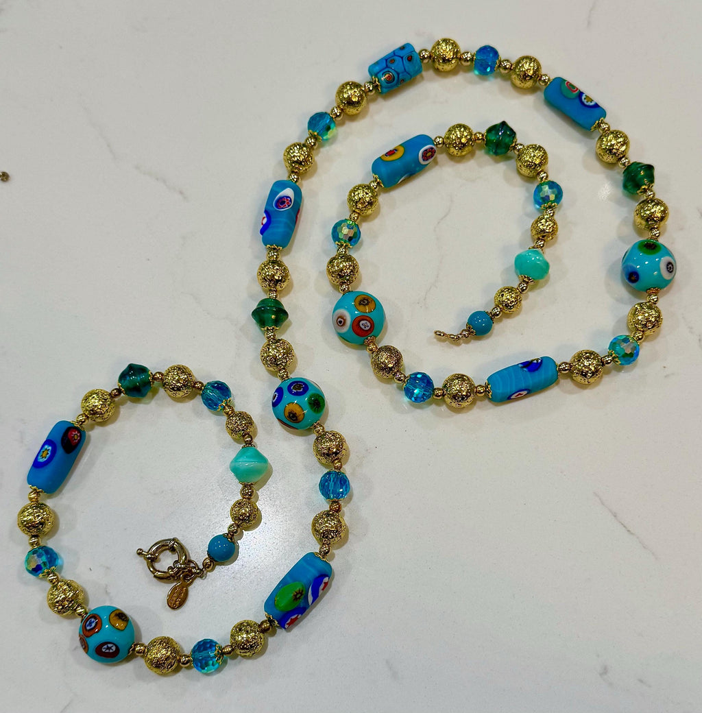 Vintage Rosario Leonardi Aqua Murano Millefiori Beaded Glass Necklace
