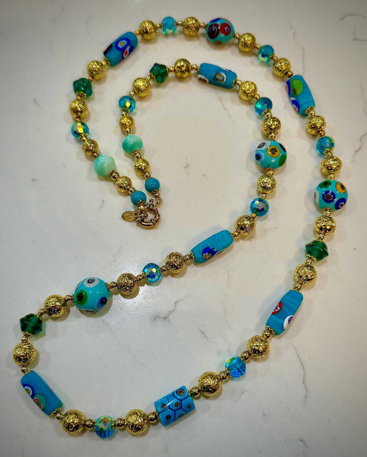 Vintage Rosario Leonardi Aqua Murano Millefiori Beaded Glass Necklace