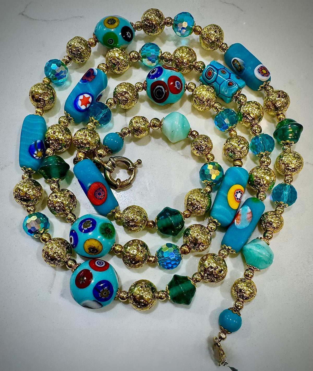 Vintage Rosario Leonardi Aqua Murano Millefiori Beaded Glass Necklace
