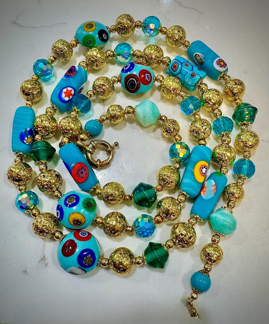 Vintage Rosario Leonardi Aqua Murano Millefiori Beaded Glass Necklace