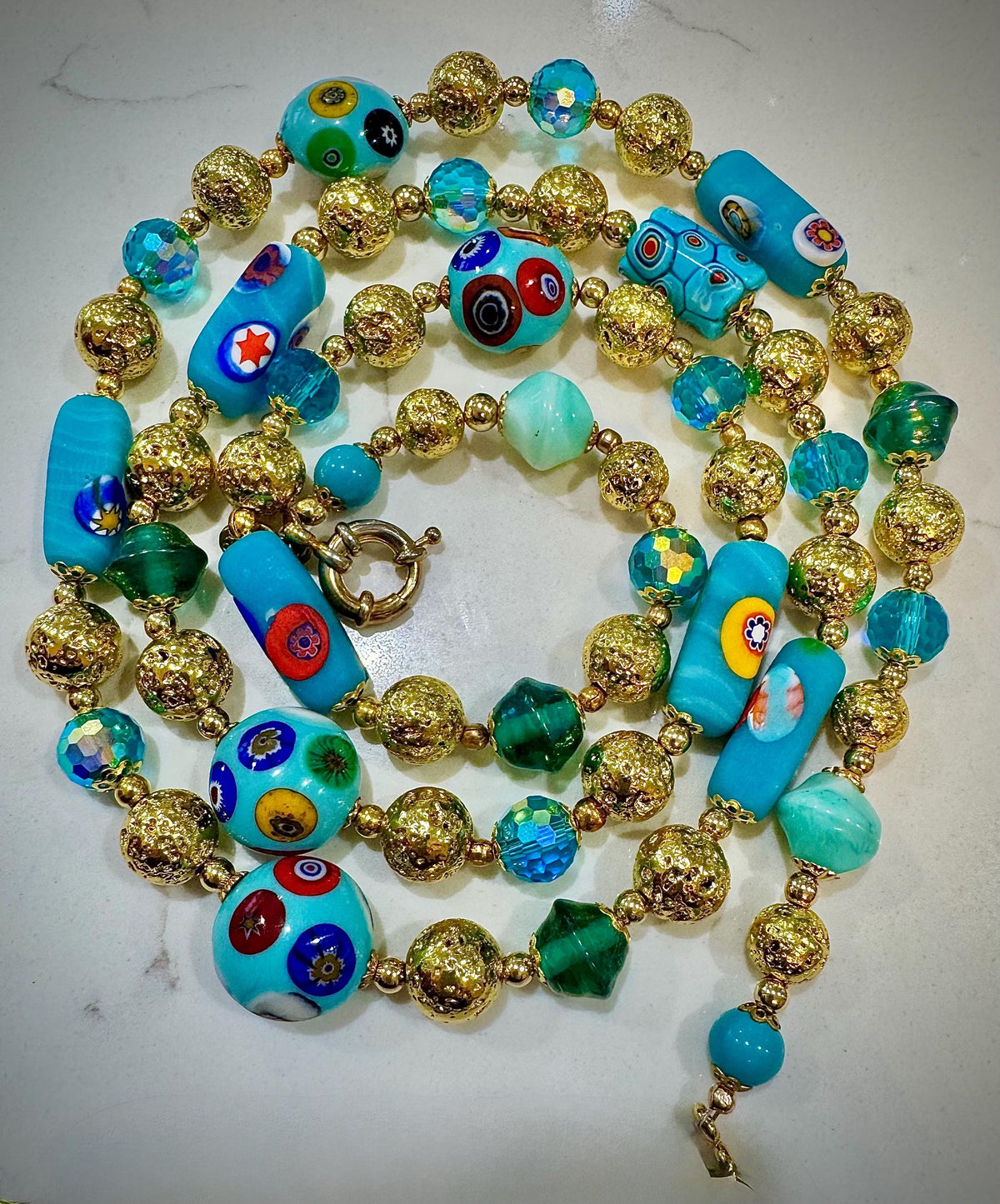 Vintage Rosario Leonardi Aqua Murano Millefiori Beaded Glass Necklace