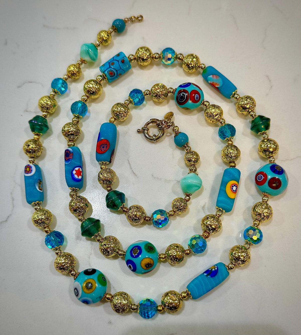 Vintage Rosario Leonardi Aqua Murano Millefiori Beaded Glass Necklace