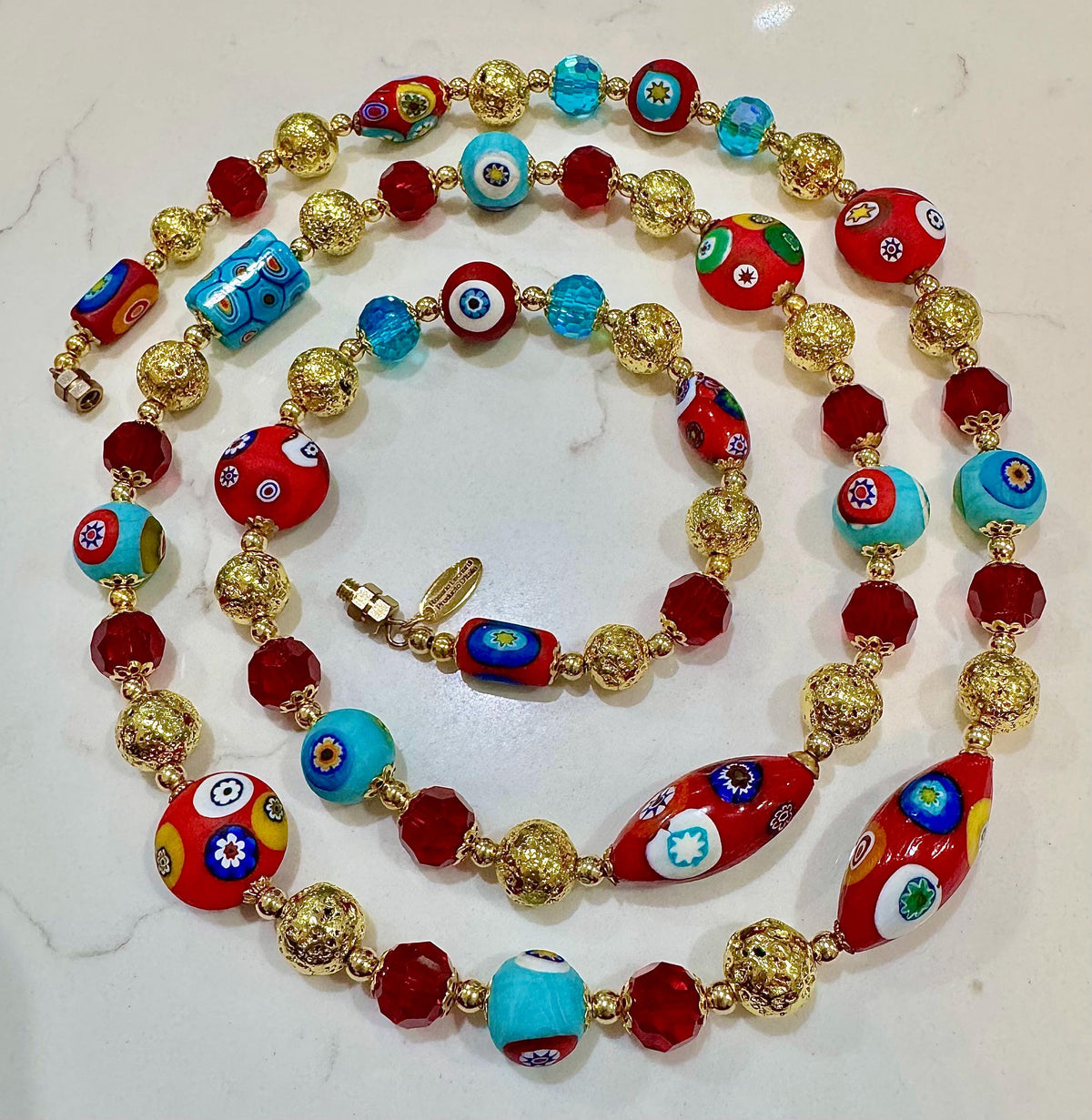 Rosario Leonardi Vintage Beaded Aqua & Red Murano Millefiori Glass Necklace