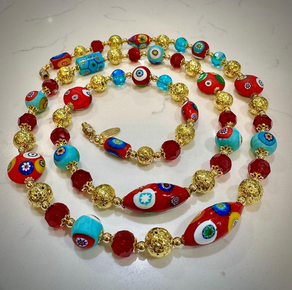 Rosario Leonardi Vintage Beaded Aqua & Red Murano Millefiori Glass Necklace