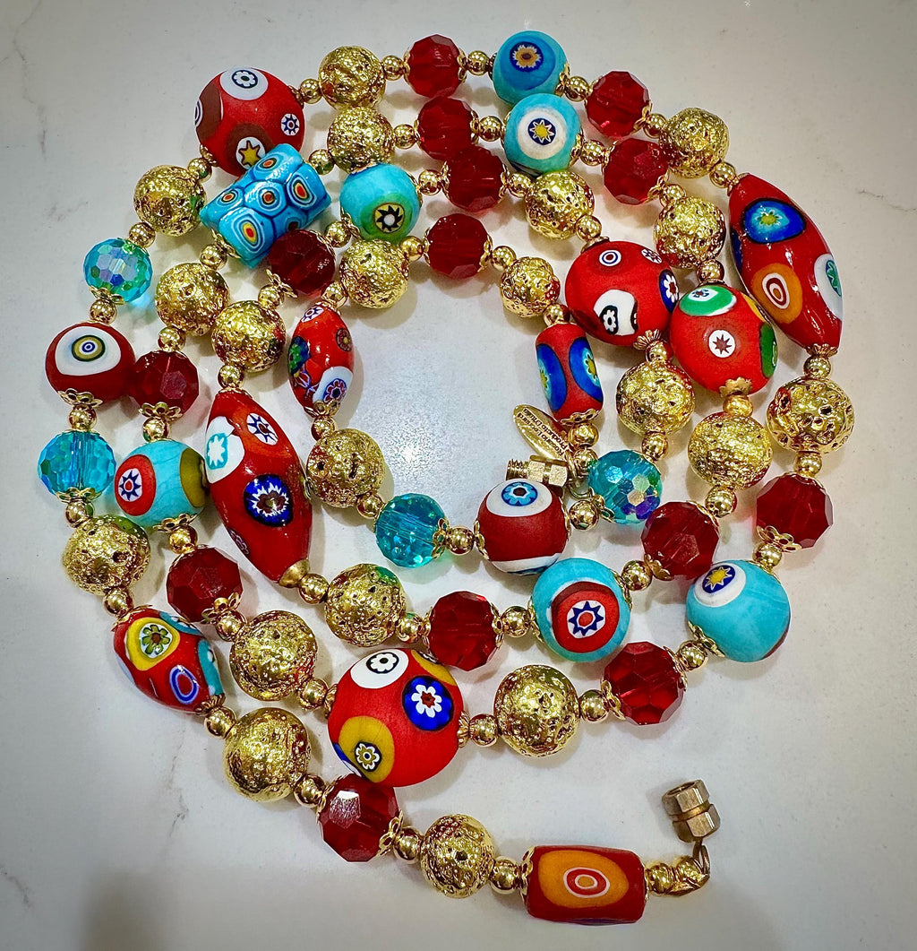 Rosario Leonardi Vintage Beaded Aqua & Red Murano Millefiori Glass Necklace