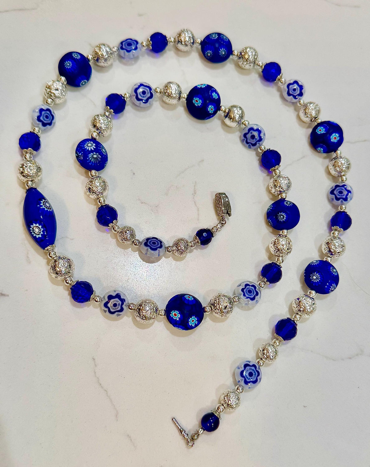 Rosario Leonardi Midnight Blue & Silver Vintage Uncirculated Millefiori Murano Glass Beaded Necklace