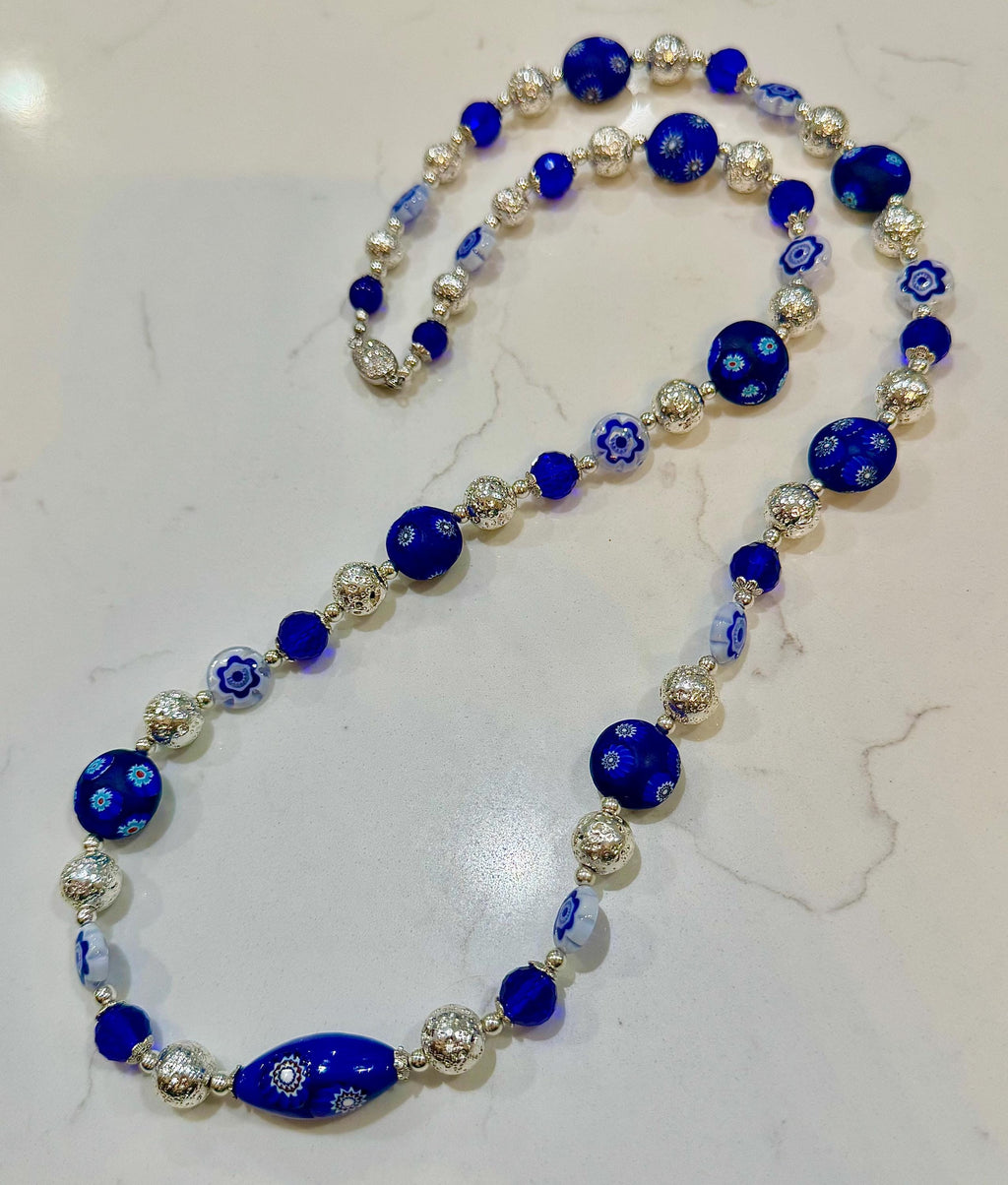 Rosario Leonardi Midnight Blue & Silver Vintage Uncirculated Millefiori Murano Glass Beaded Necklace