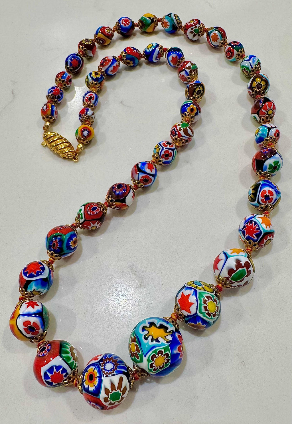Exceptional Vintage Ercole Moretti Graduated Round Millefiori Murano Glass Beaded Necklace, 26”