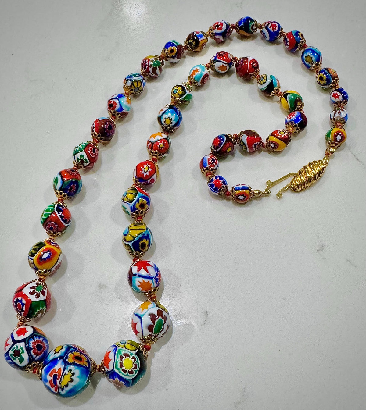 Exceptional Vintage Ercole Moretti Graduated Round Millefiori Murano Glass Beaded Necklace, 26”
