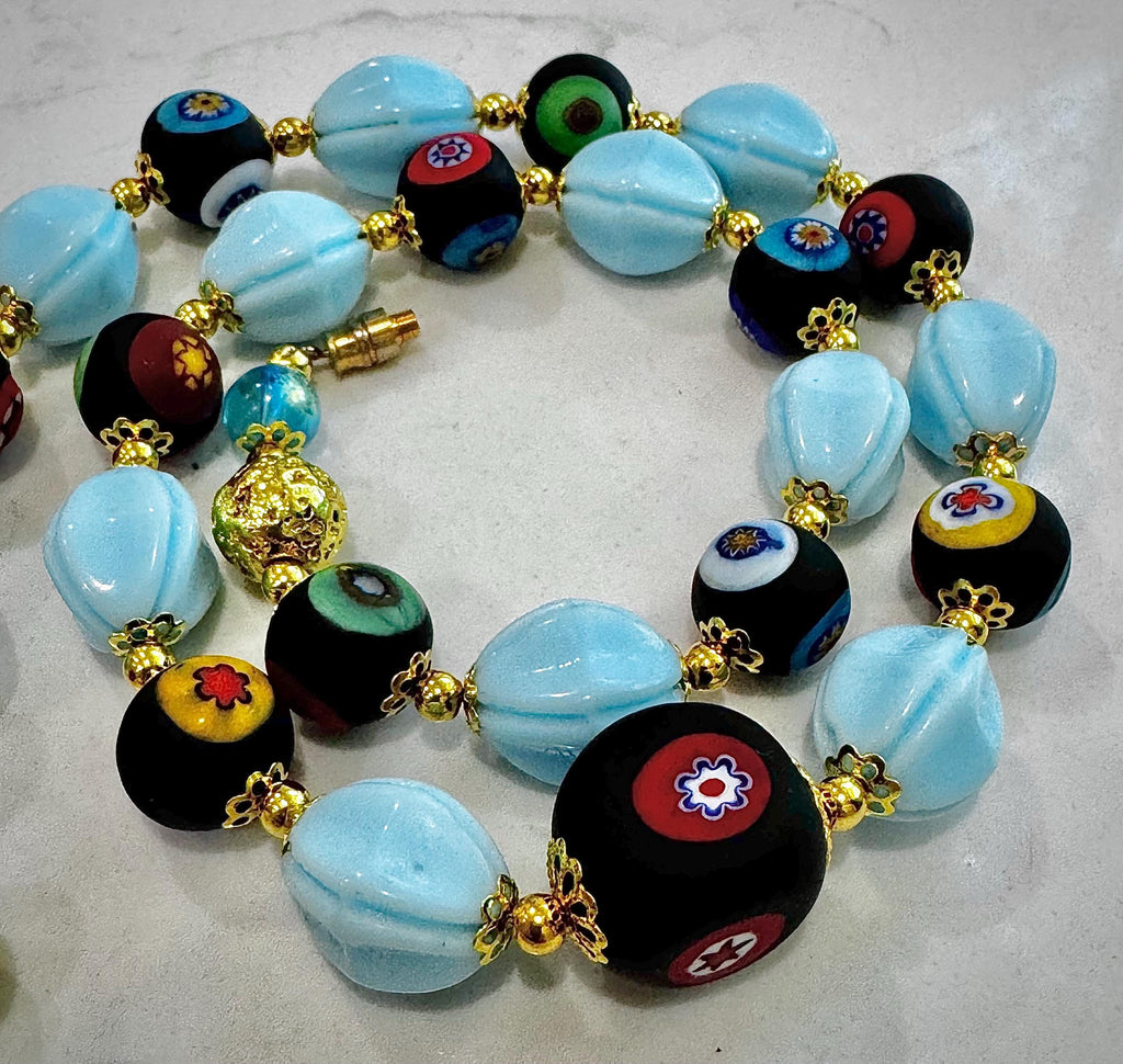 Murano Millefiori Necklace: Polka Dot Czech Glass, Rosario Leonardi, 22"
