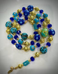 Uncirculated Vintage Millefiori Murano Glass Necklace Made From Gold, Cobalt, and Aqua Hues.