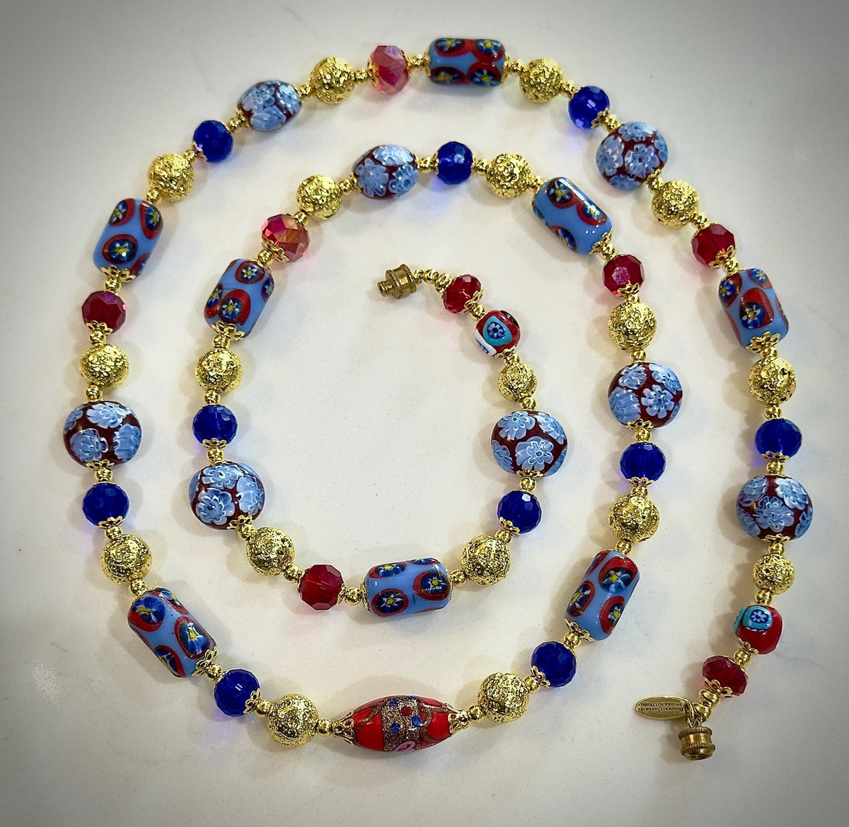 Vintage Murano Millefiori Glass Necklace: Red, Violet, Brown Beaded Rosario Leonardi
