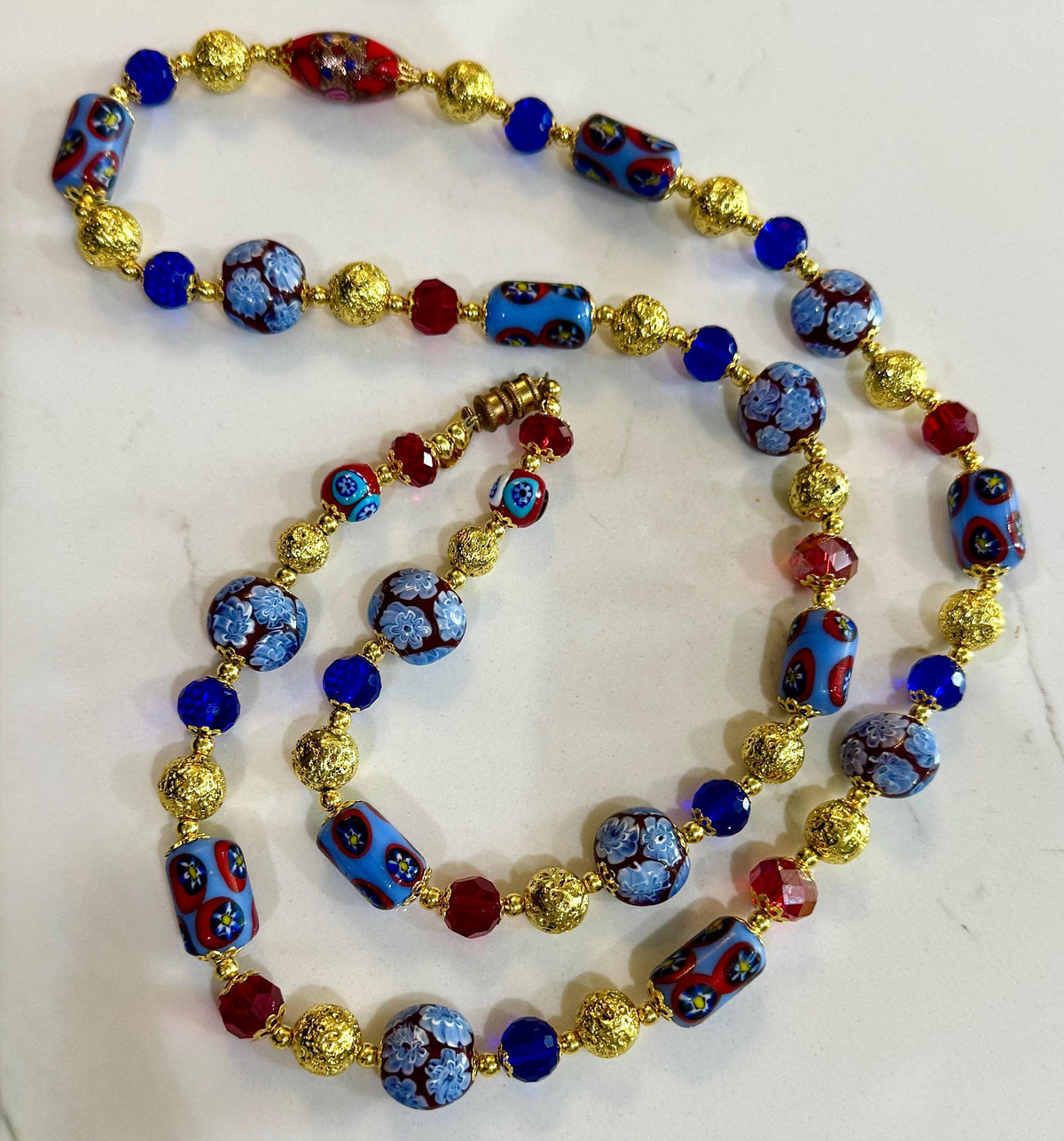 Vintage Murano Millefiori Glass Necklace: Red, Violet, Brown Beaded Rosario Leonardi