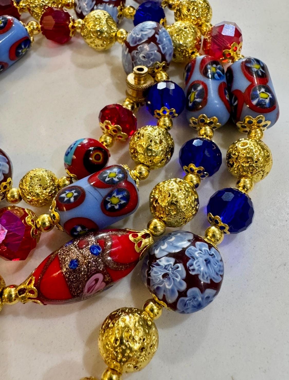 Vintage Murano Millefiori Glass Necklace: Red, Violet, Brown Beaded Rosario Leonardi