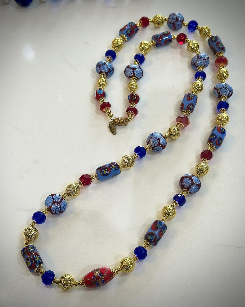 Vintage Murano Millefiori Glass Necklace: Red, Violet, Brown Beaded Rosario Leonardi