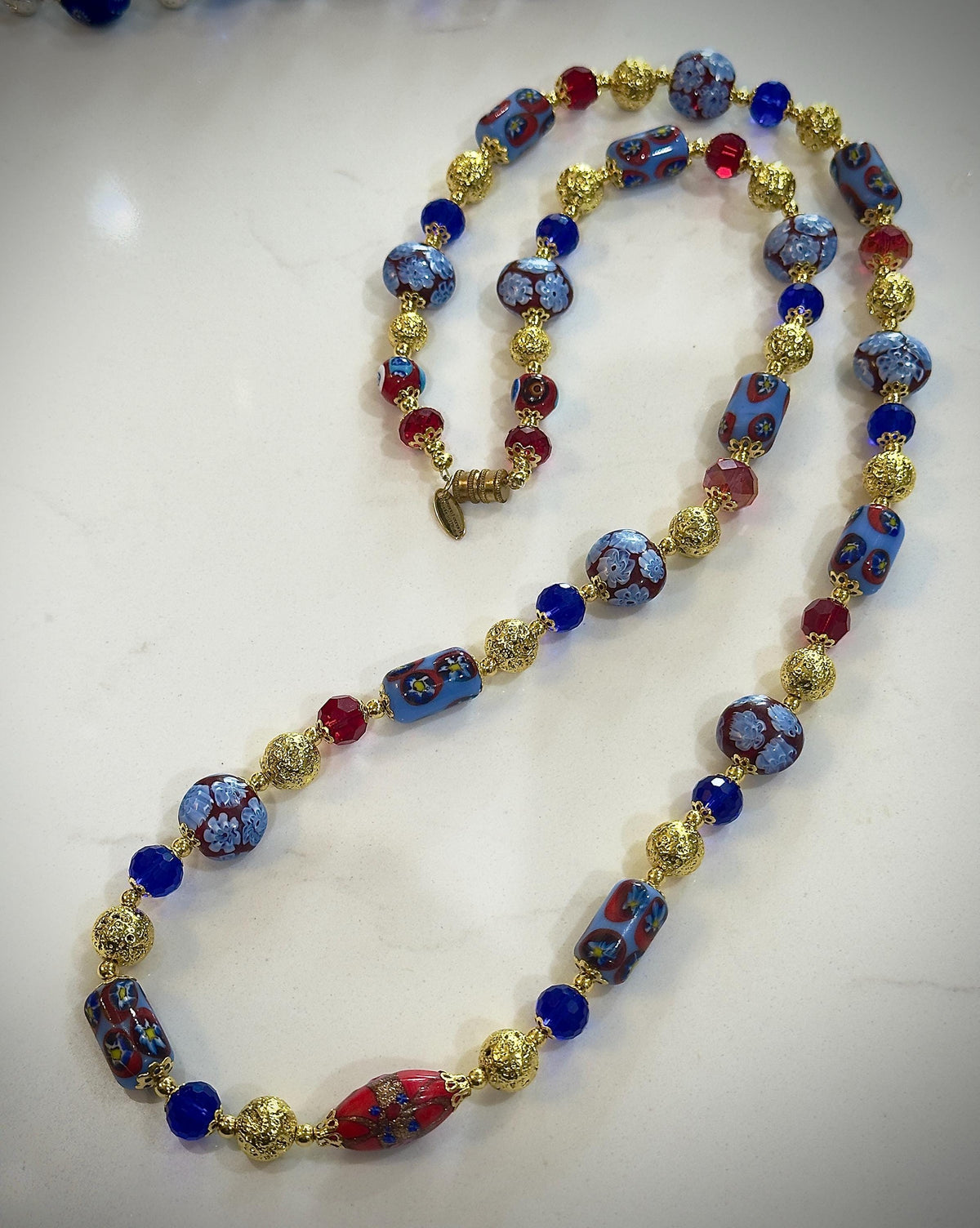Vintage Murano Millefiori Glass Necklace: Red, Violet, Brown Beaded Rosario Leonardi