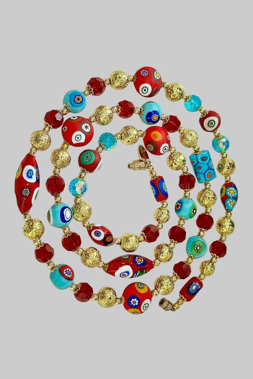Rosario Leonardi Vintage Beaded Aqua & Red Murano Millefiori Glass Necklace