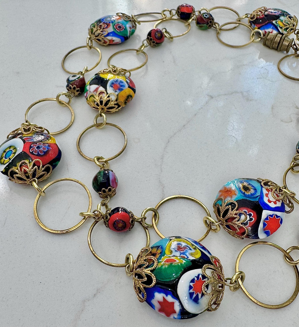 Vintage Murano Millefiori Necklace: 1960's Venetian Glass Coin Beads