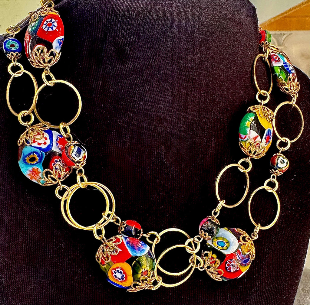 Vintage Murano Millefiori Necklace: 1960's Venetian Glass Coin Beads
