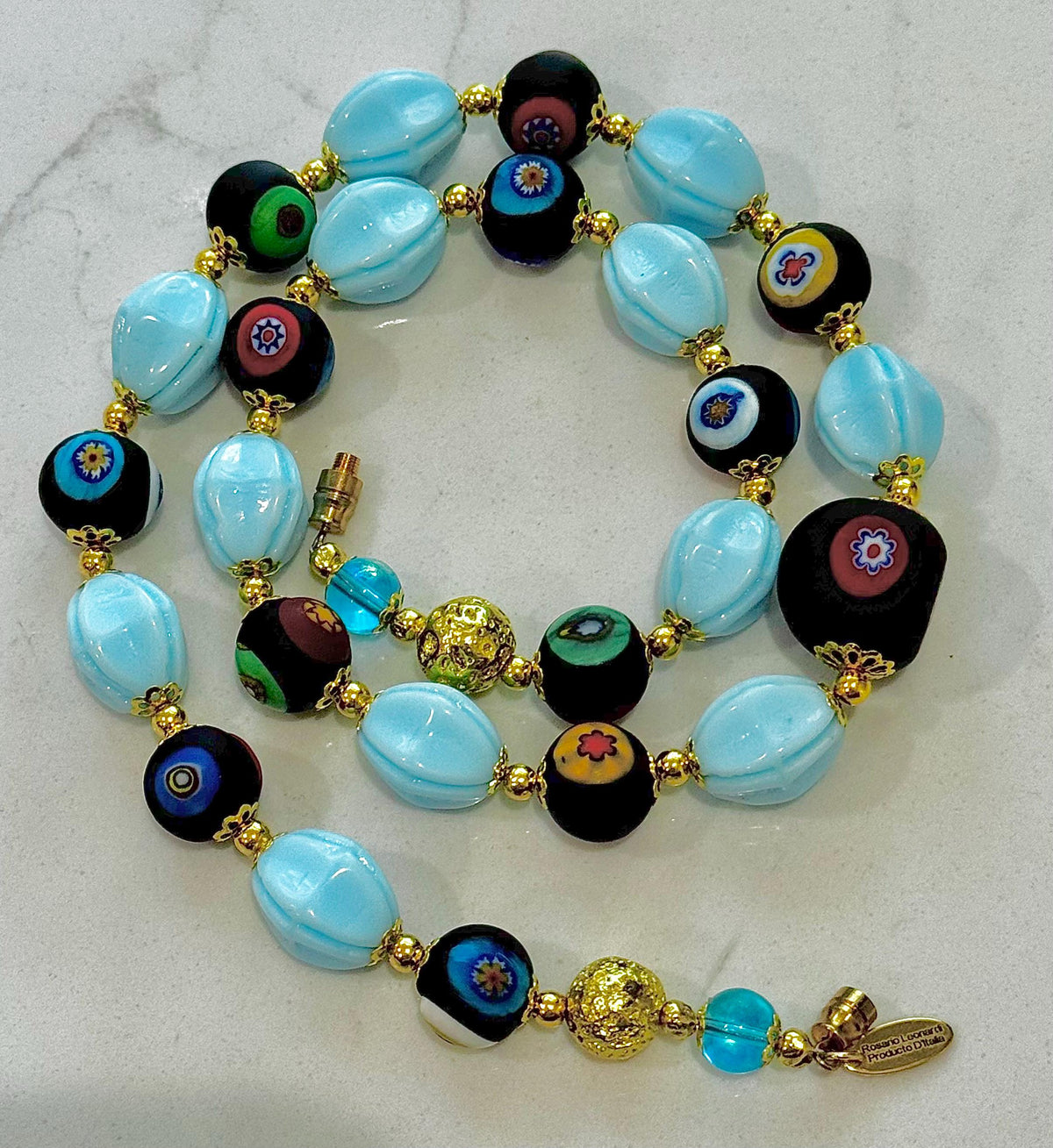Murano Millefiori Necklace: Polka Dot Czech Glass, Rosario Leonardi, 22"