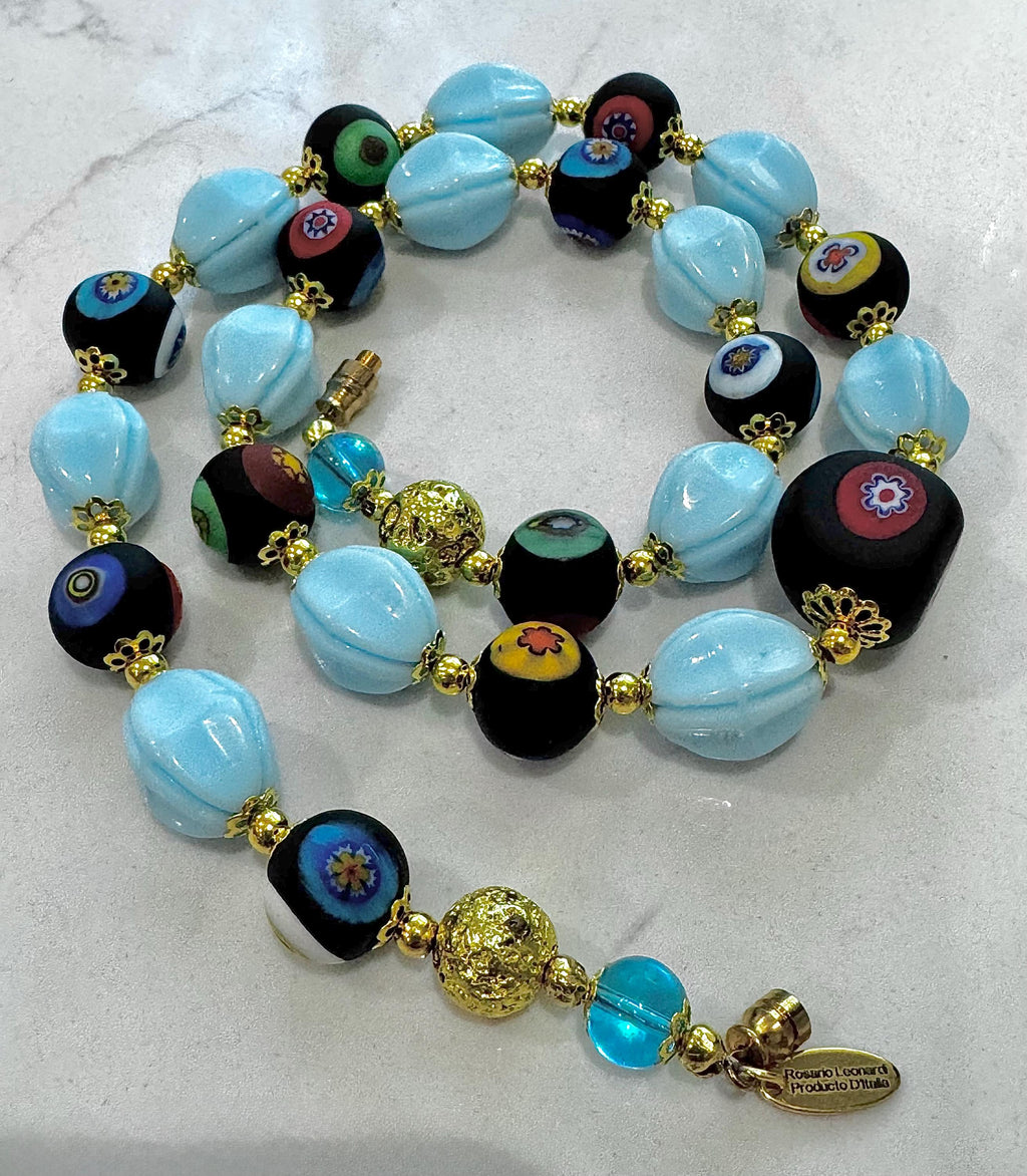 Murano Millefiori Necklace: Polka Dot Czech Glass, Rosario Leonardi, 22"