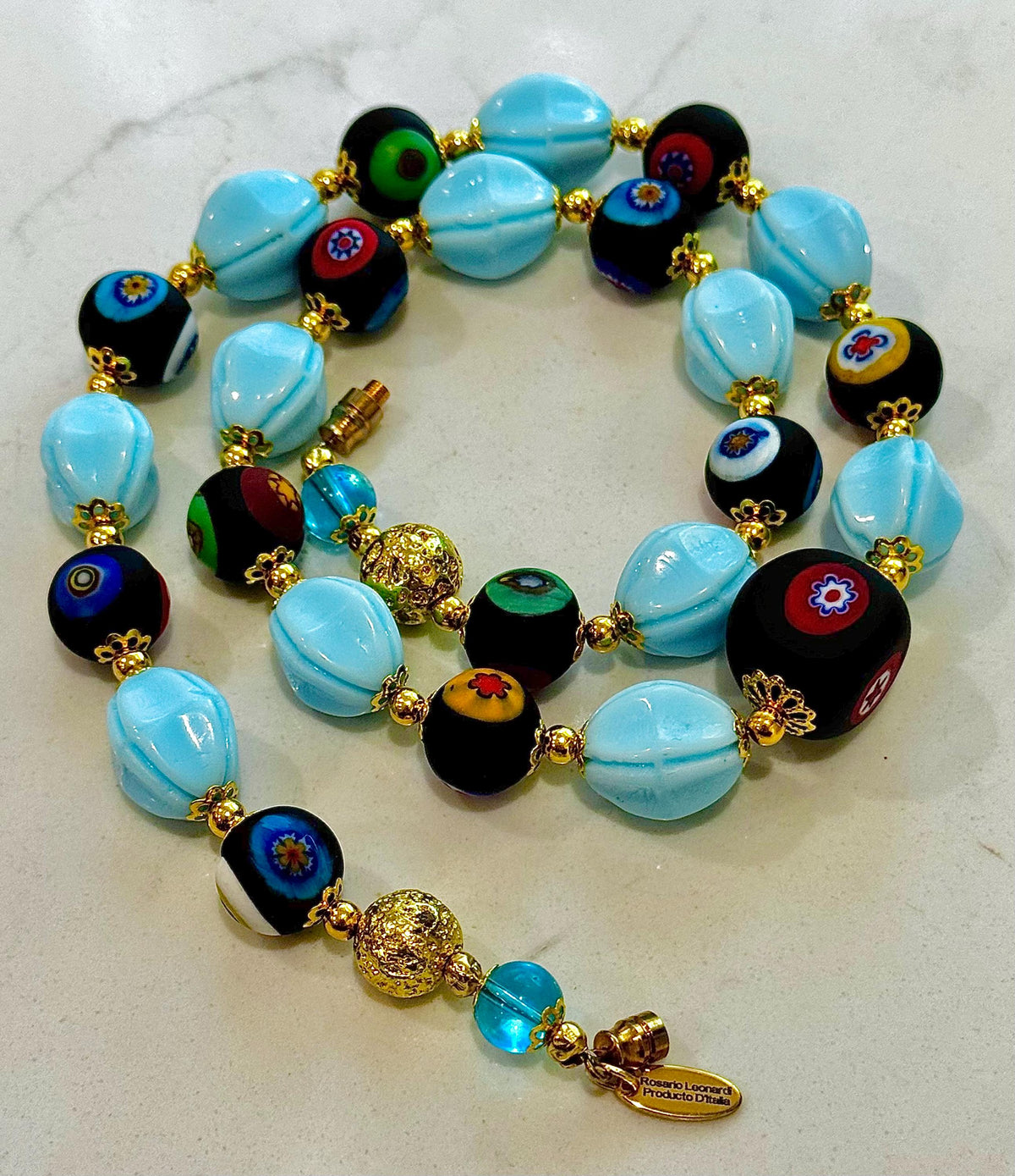 Murano Millefiori Necklace: Polka Dot Czech Glass, Rosario Leonardi, 22"
