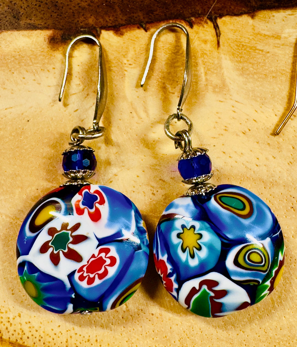 Ercole Moretti Millefiori Coin Shaped Bead Earrings on French Stainless Steel Hooks