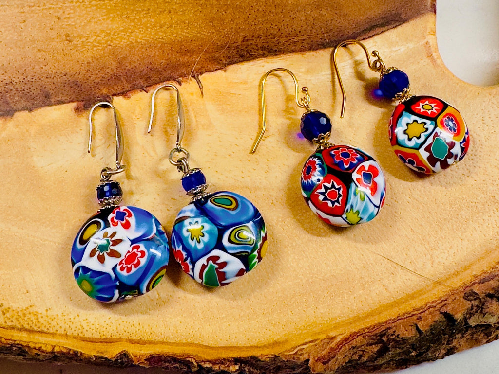 Ercole Moretti Millefiori Coin Shaped Bead Earrings on French Stainless Steel Hooks