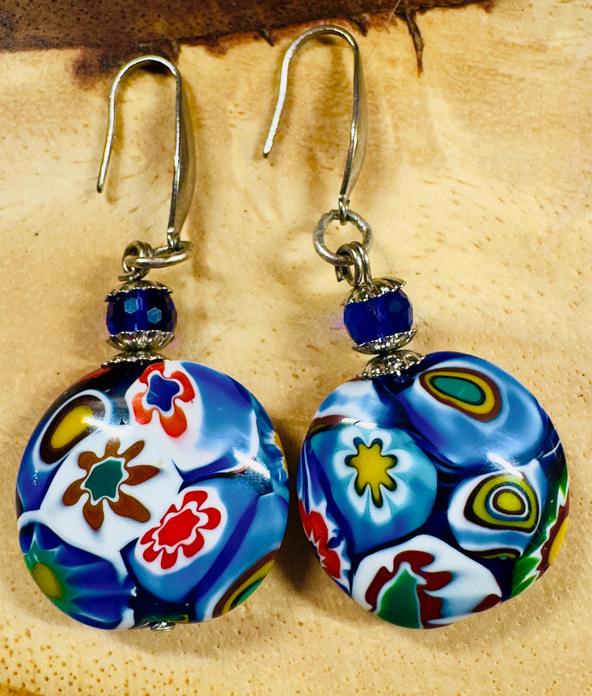 Ercole Moretti Millefiori Coin Shaped Bead Earrings on French Stainless Steel Hooks