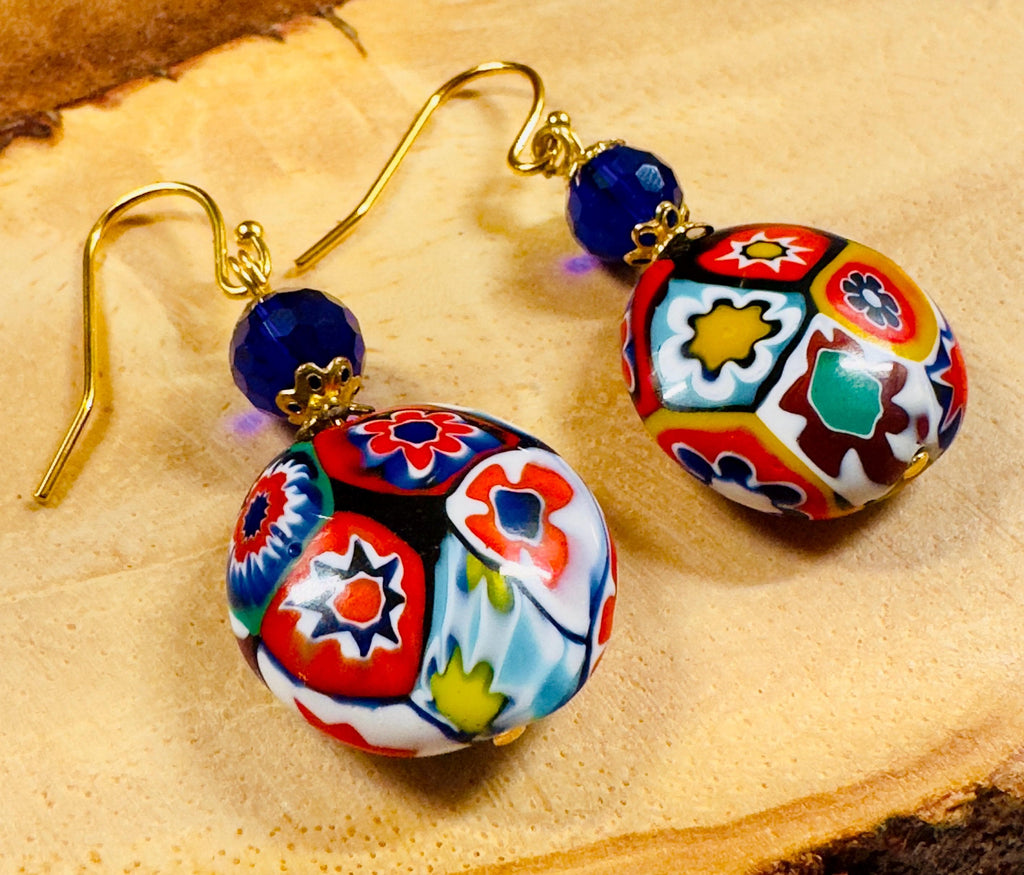 Ercole Moretti Millefiori Red Coin Shaped Bead Earrings on Sterling Silver Hook