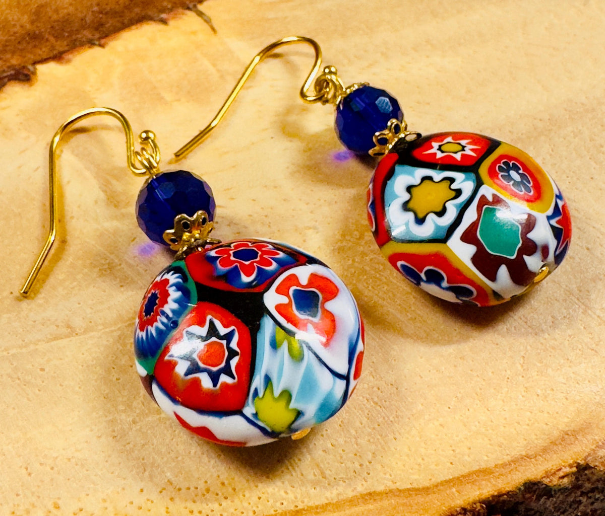Ercole Moretti Millefiori Red Coin Shaped Bead Earrings on Sterling Silver Hook