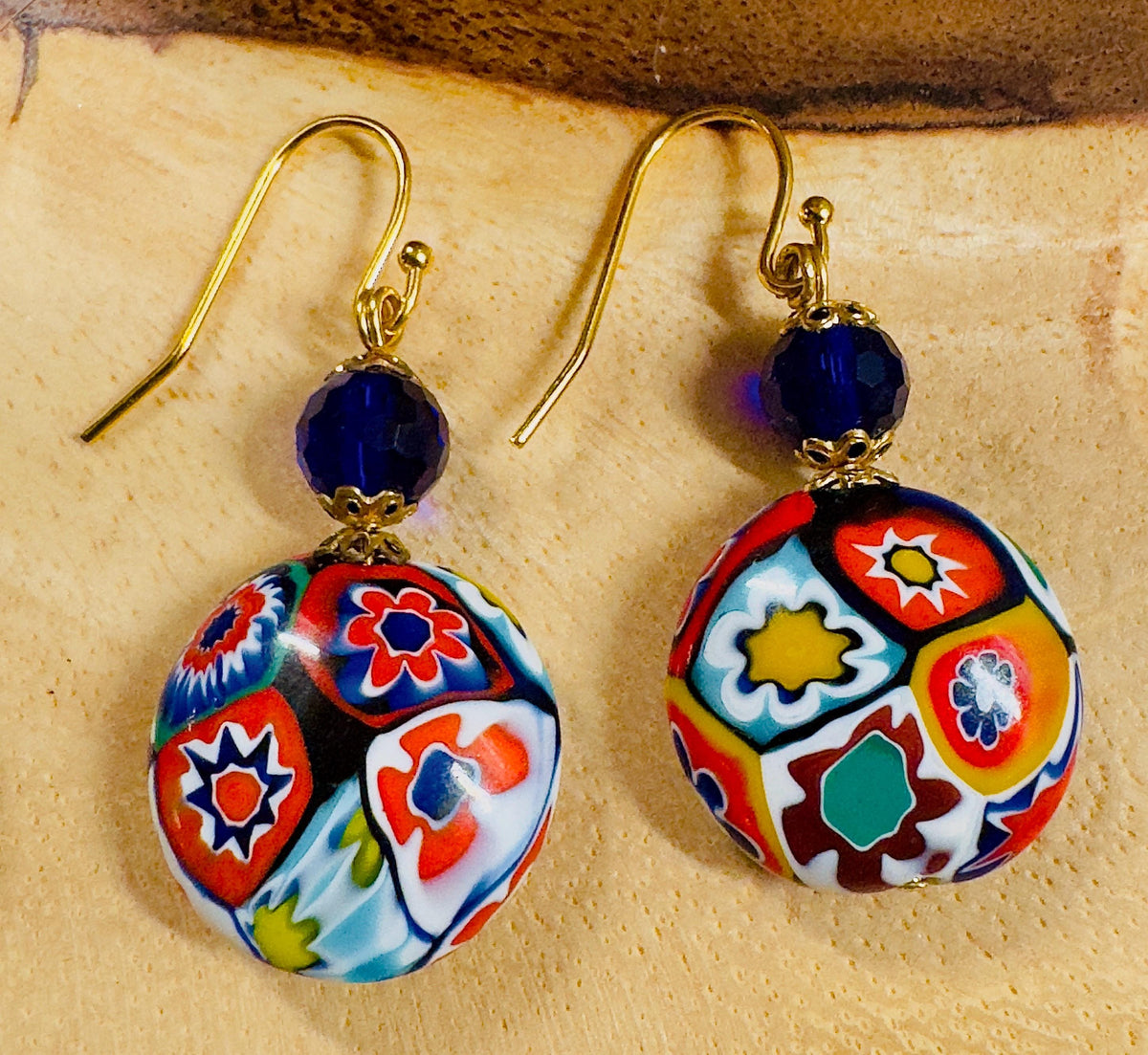 Ercole Moretti Millefiori Red Coin Shaped Bead Earrings on Sterling Silver Hook