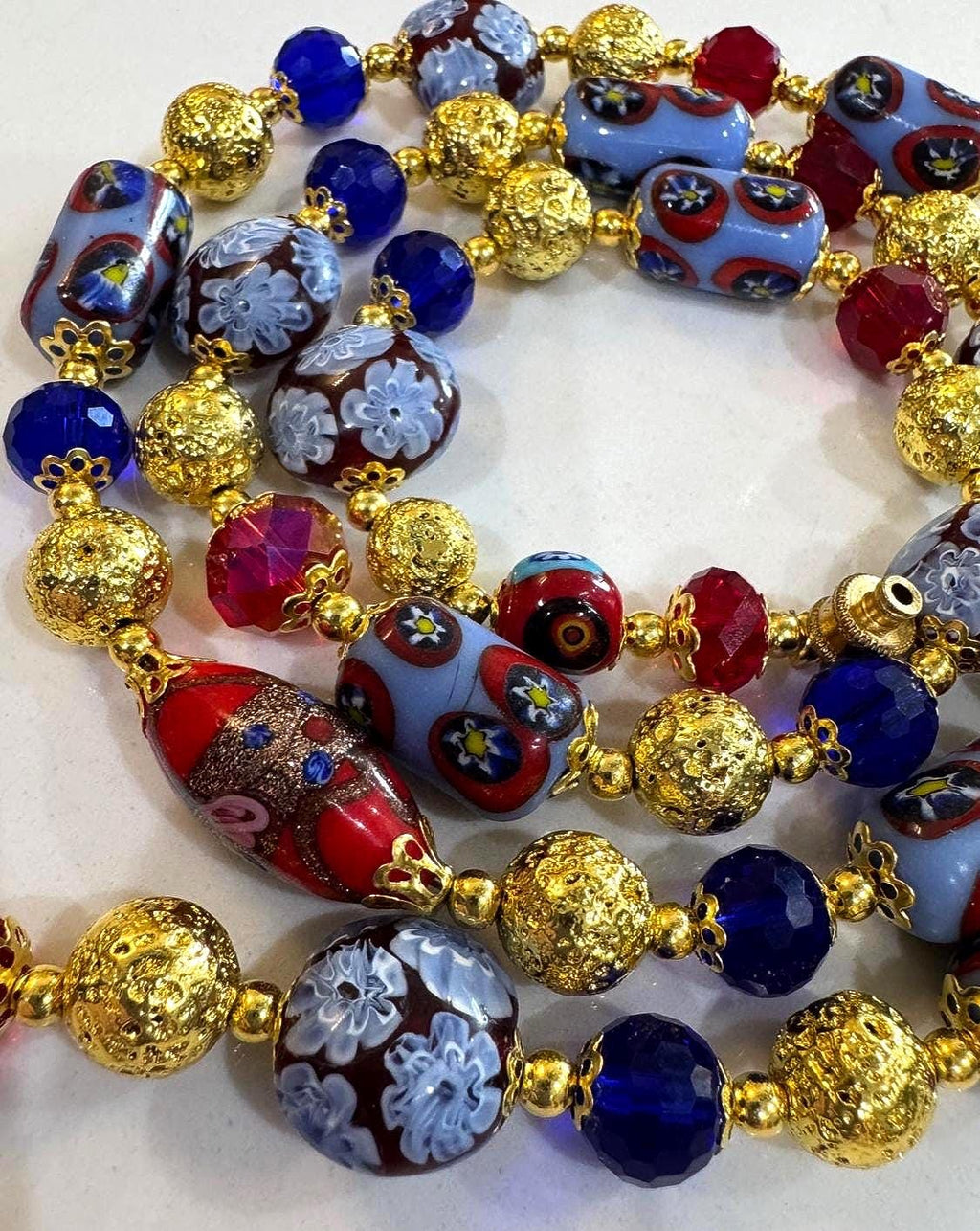 Vintage Murano Millefiori Glass Necklace: Red, Violet, Brown Beaded Rosario Leonardi