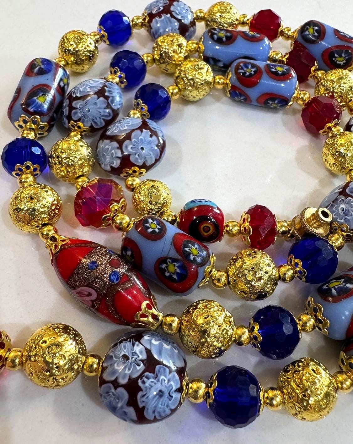 Vintage Murano Millefiori Glass Necklace: Red, Violet, Brown Beaded Rosario Leonardi